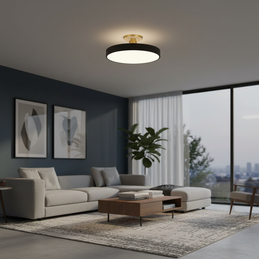 Modern LED Black Circular Semi Flush Ceiling Lights for Living Room