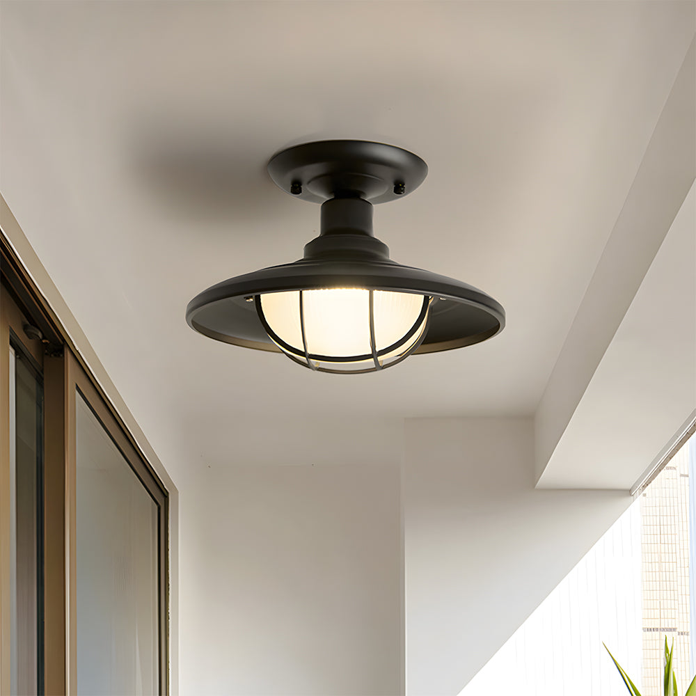 Industrial Ceiling Light Fixture Rustic Black Metal Cage Close To Ceiling Lamp