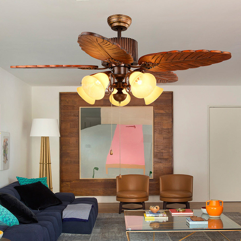 Brown Vintage Wood Flower Shape Ceiling Fan With Lighting