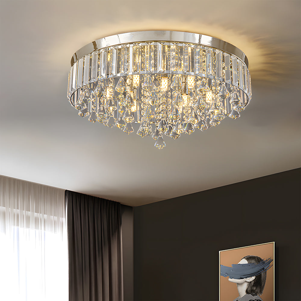 Chandelier hanging from a ceiling in a room with curtains and a mirror.