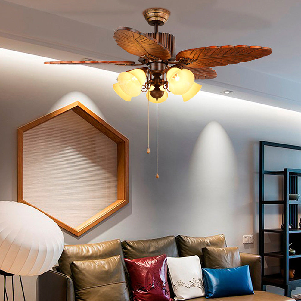 Brown Vintage Wood Flower Shape Ceiling Fan With Lighting