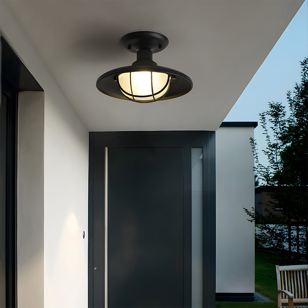 Industrial Ceiling Light Fixture Rustic Black Metal Cage Close To Ceiling Lamp