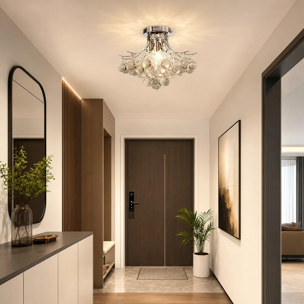 Silver Crystal Bouquet Semi-Flush Ceiling Light for Hallway