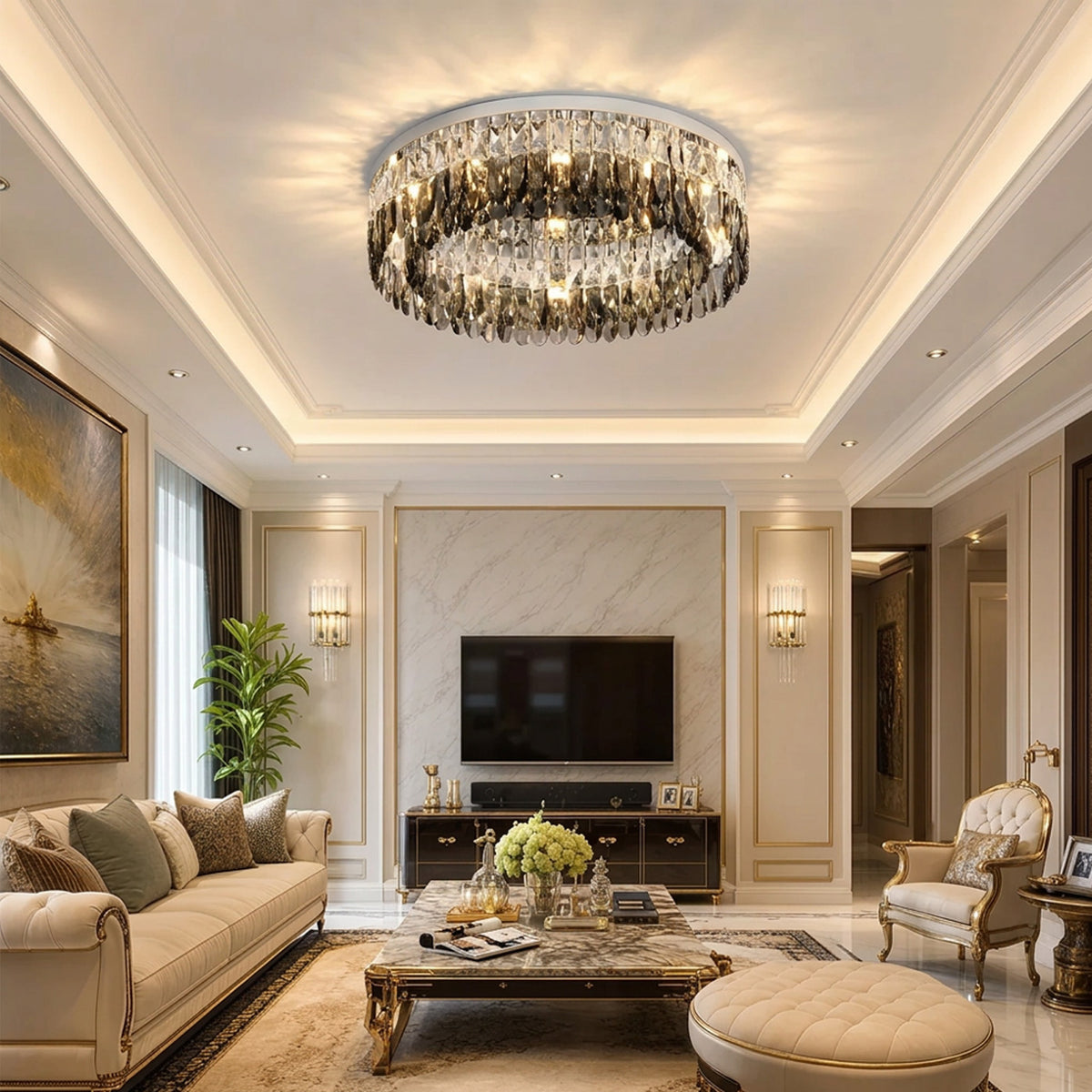 Contemporary Crystal Silver Ring Flush Mount Ceiling Light for Living Room