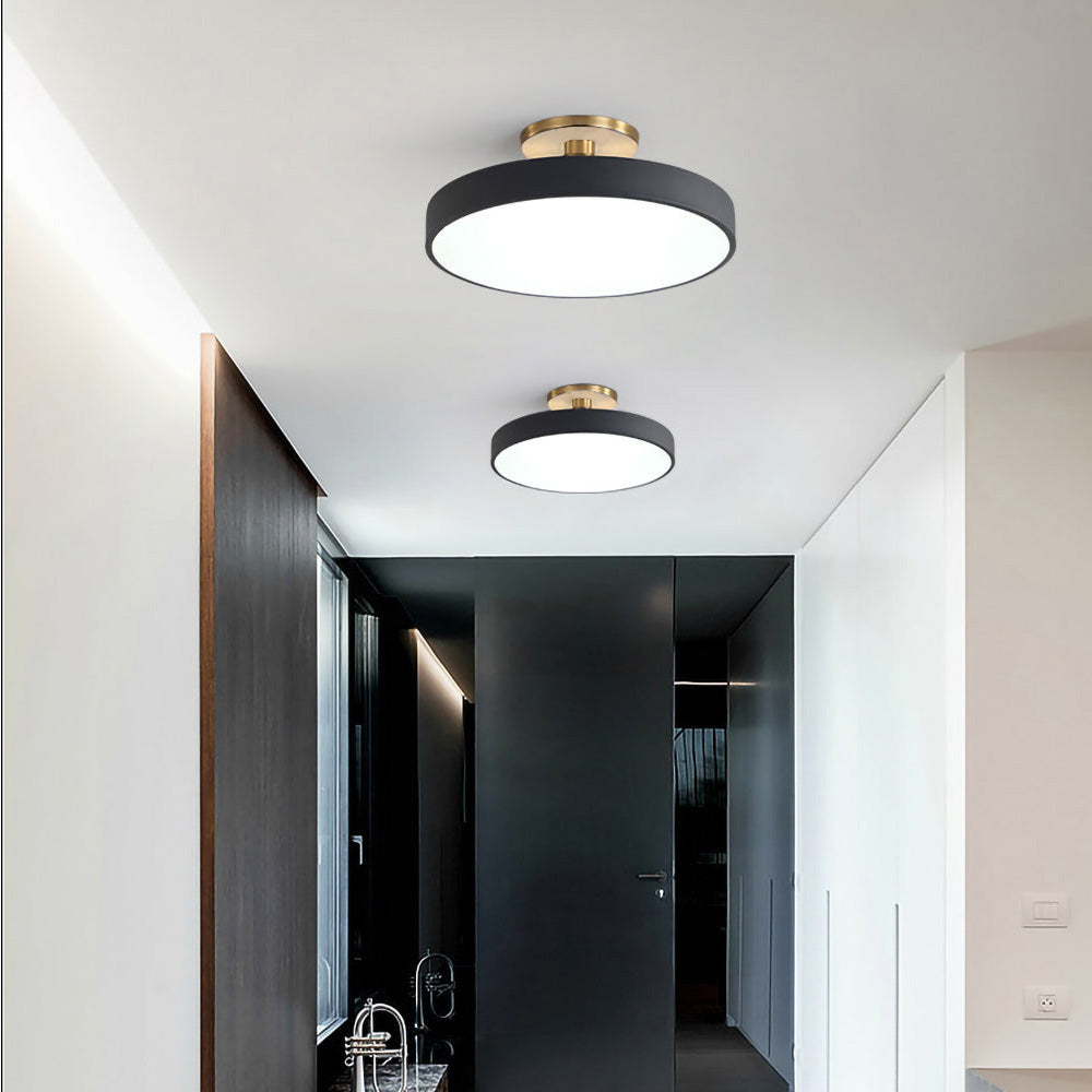 circular LED semi flush mount ceiling light with black shade
