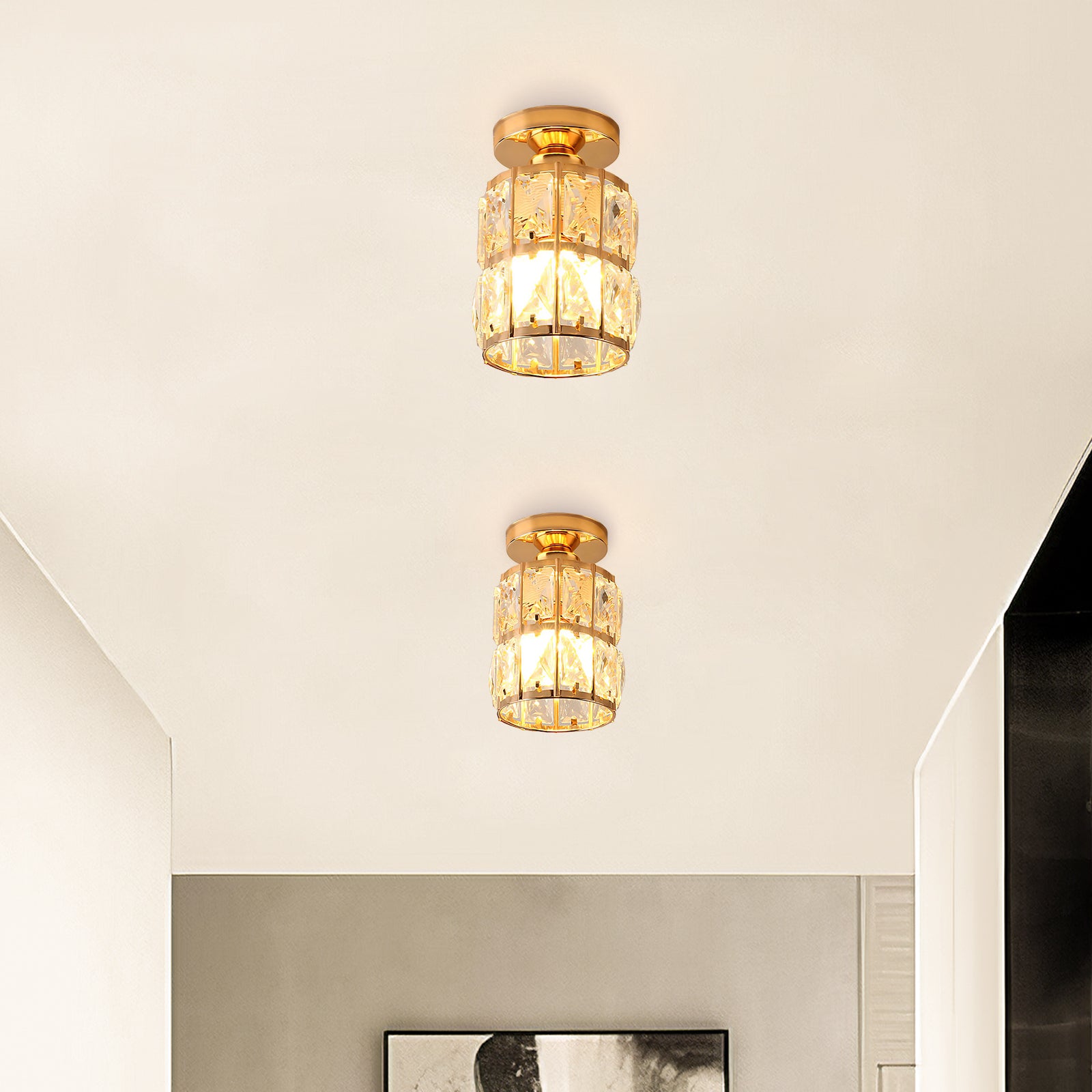 Modern Gold Glass Semi-Flush Hallway Light Fixture