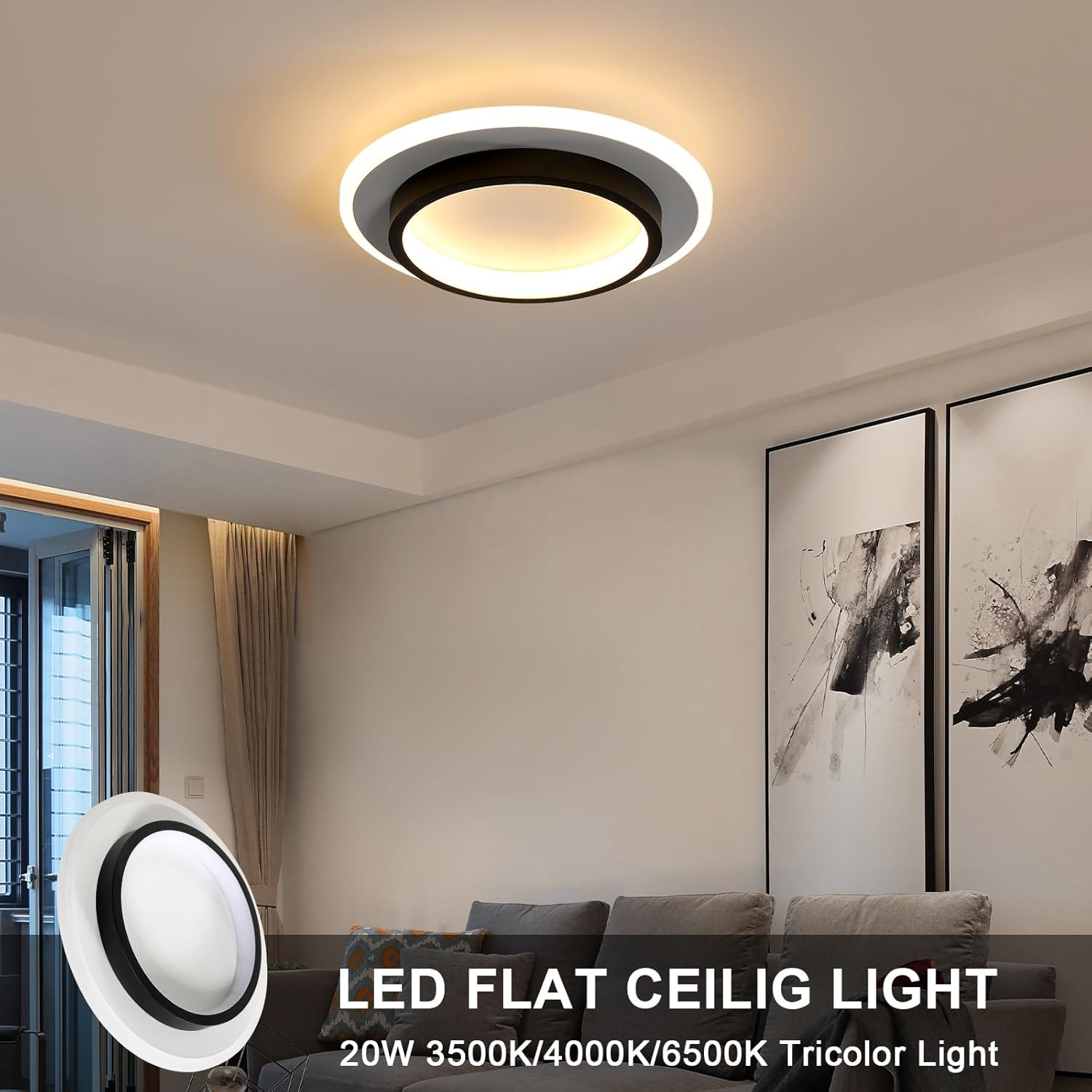 Acrylic LED Mini Ceiling Lights, black, 24cm, round, 3 Light Colors Changeable