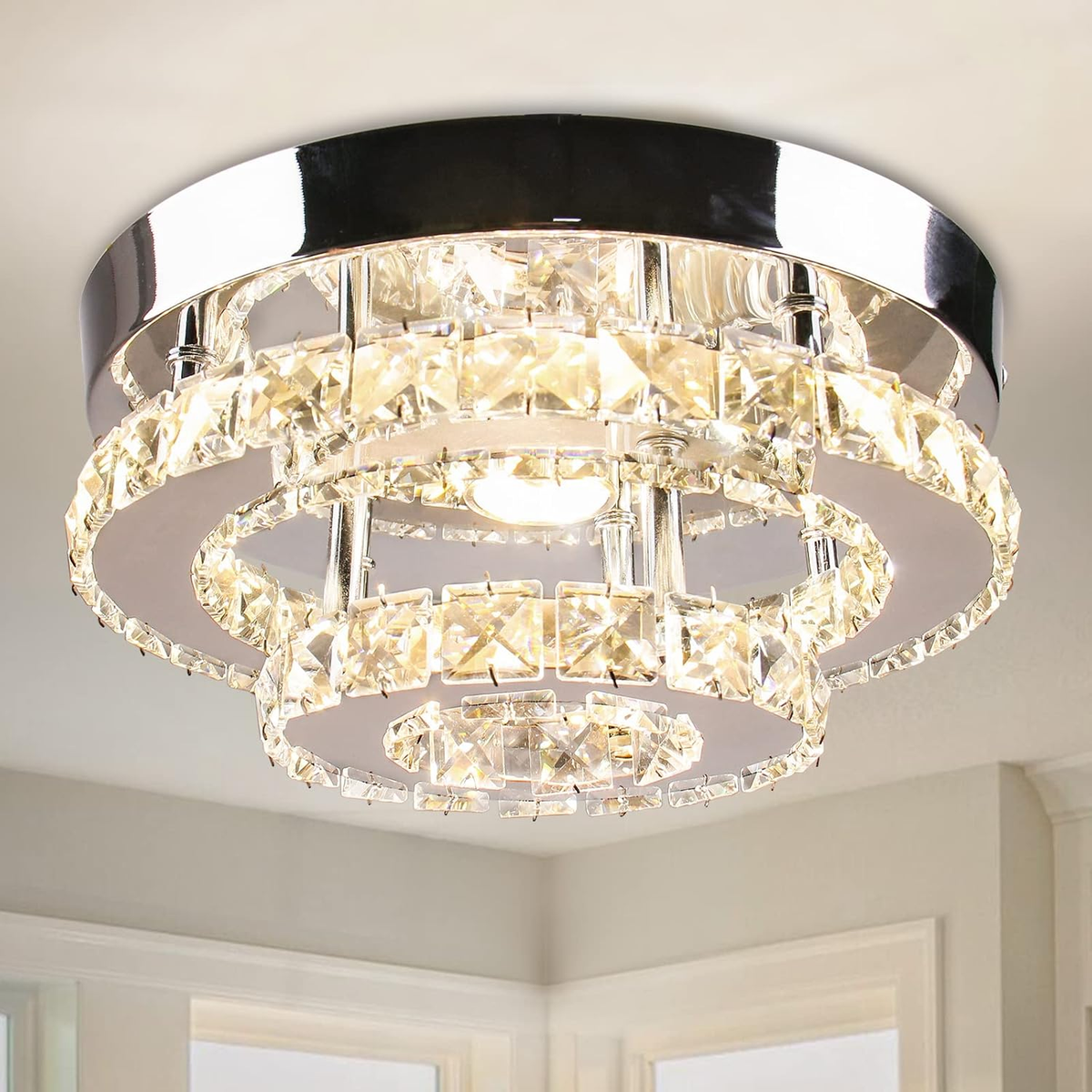 2 Layers Round LED Crystal Silver Ceiling Light for Hallway Kitchen