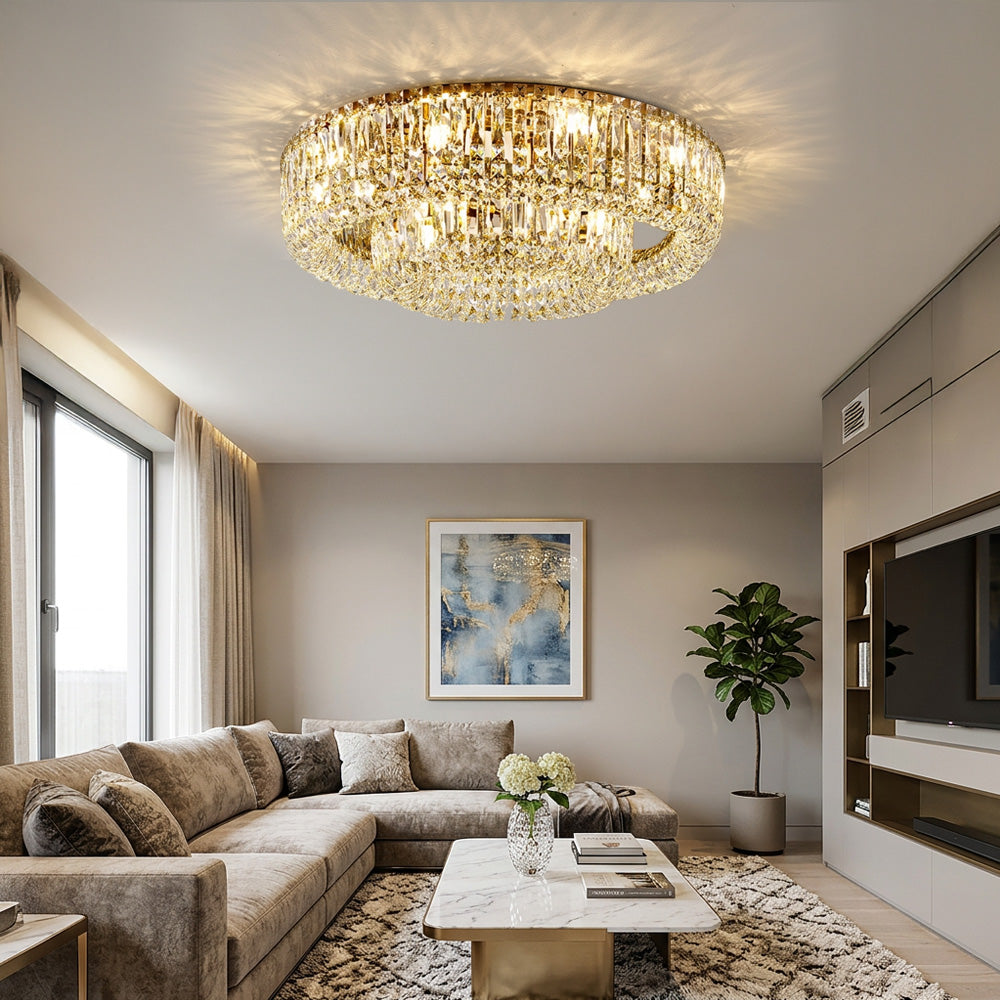Luxury Multi-Tier Crystal Gold Flush Mount Ceiling Light for Living Room