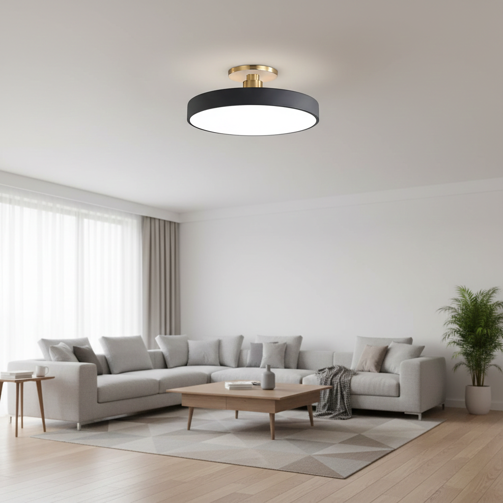 Modern LED Black Circular Semi Flush Ceiling Lights for Living Room