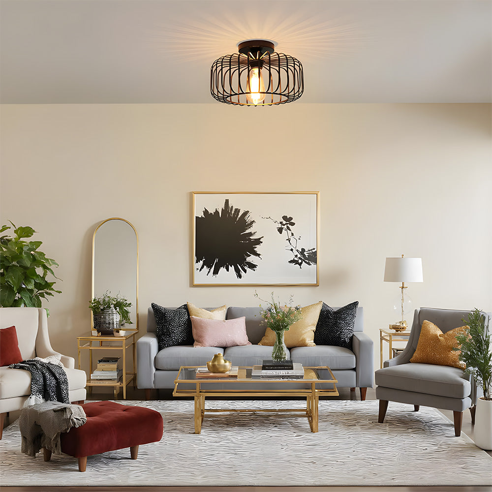 Industrial Black Semi Flush Ceiling Light Fixture, Metal Cage Lampshade Ceiling Hall Lighting