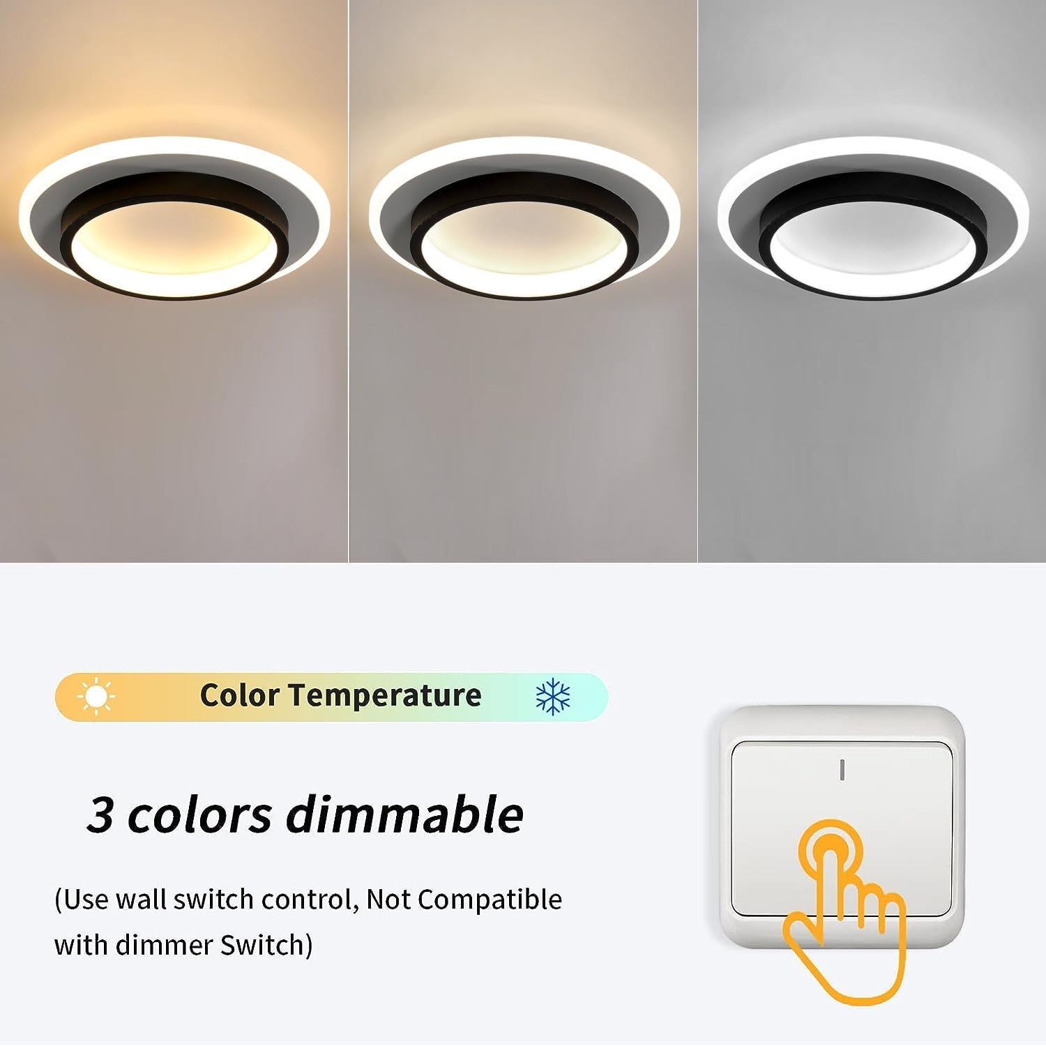 Acrylic LED Mini Ceiling Lights, black, 24cm, round, 3 Light Colors Changeable
