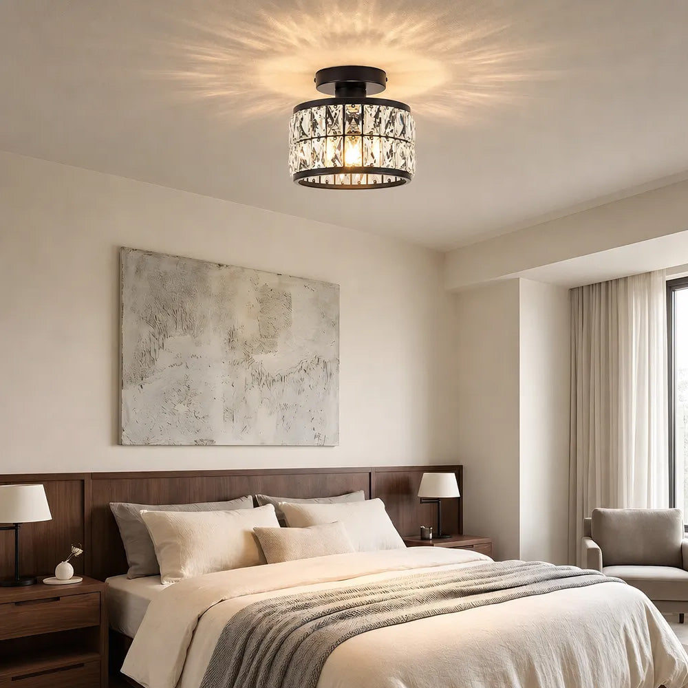 Cylindrical Iron Crystal Semi-Flush Ceiling Light for Entryway Bedroom