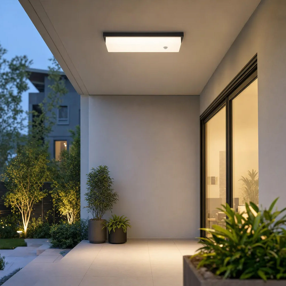 IP65 Rectangular Motion Sensor Aluminium PC Outdoor Ceiling Light for Entryway