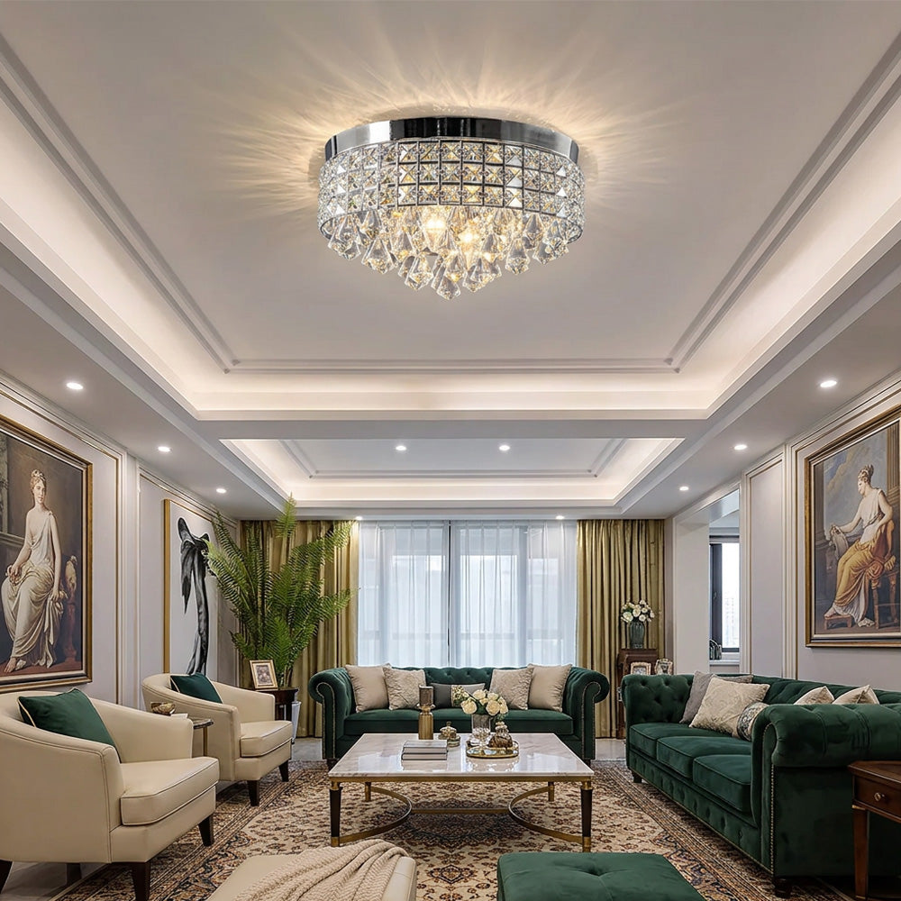 Modern Silver Crystal Flush Mount Ceiling Light for Dining Areas