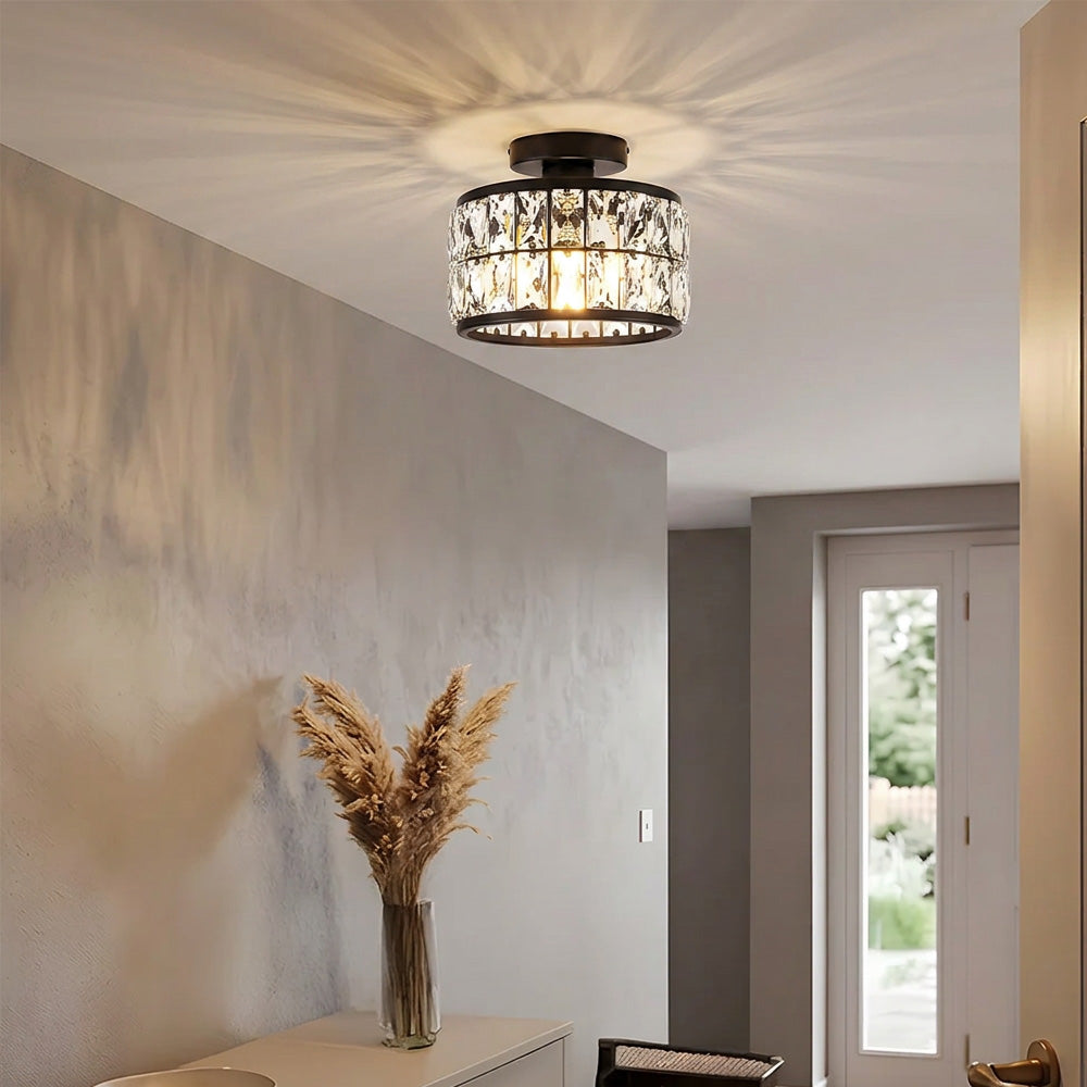 Cylindrical Iron Crystal Semi-Flush Ceiling Light for Entryway Bedroom