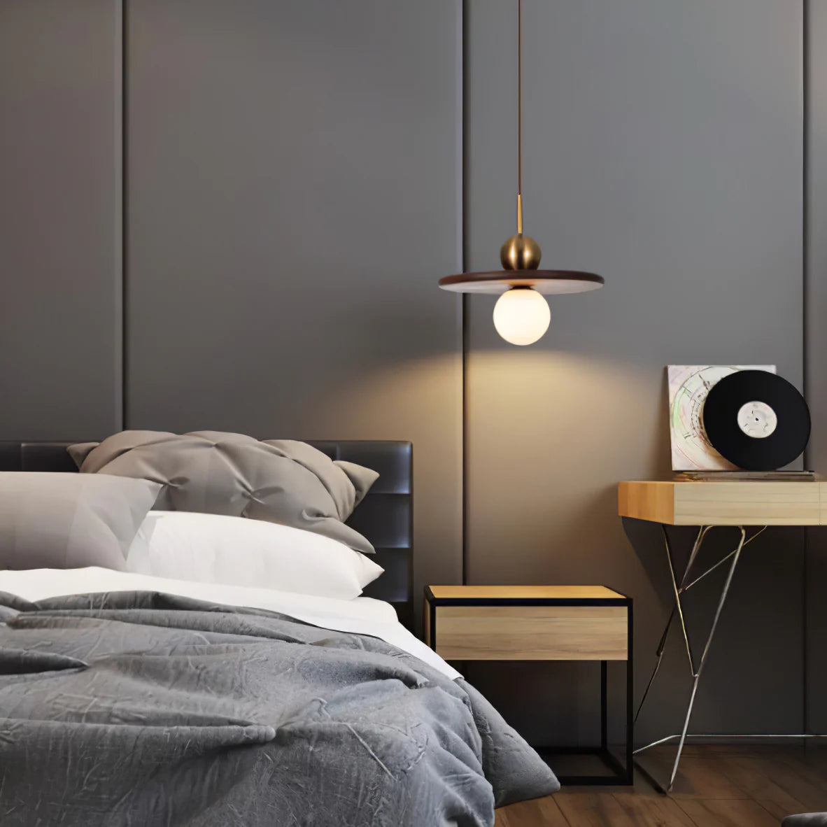 Flying Saucer Walnut Round Creative Pendant Lamp