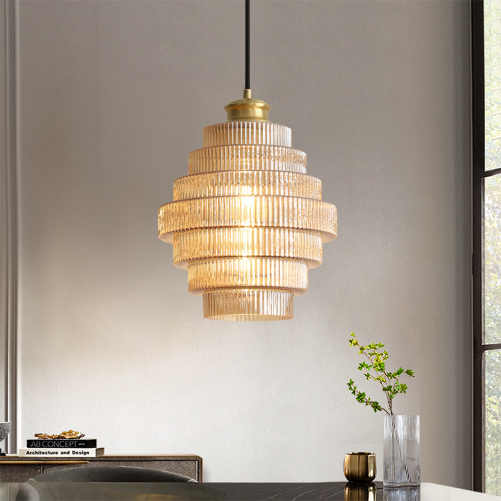 Antique Stripped Glass Brass Pendant Light