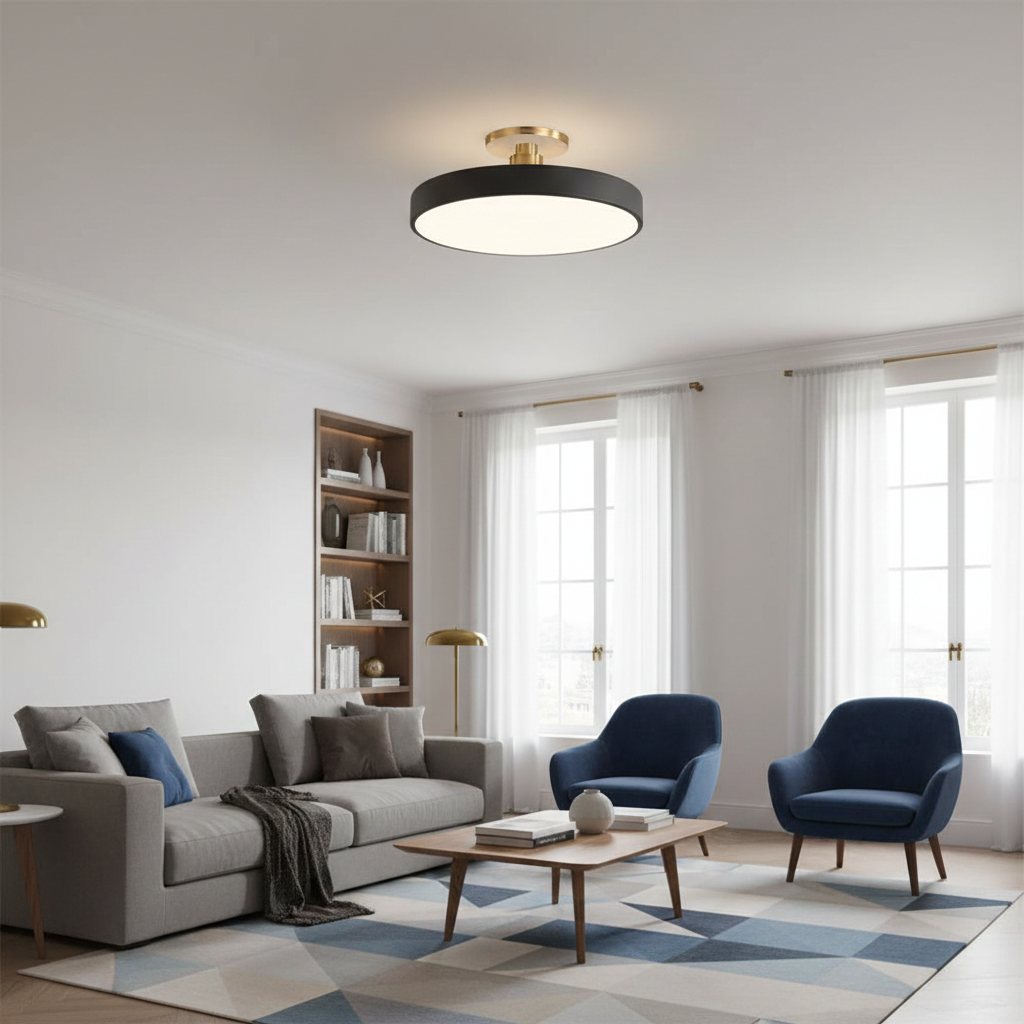 Modern LED Black Circular Semi Flush Ceiling Lights for Living Room