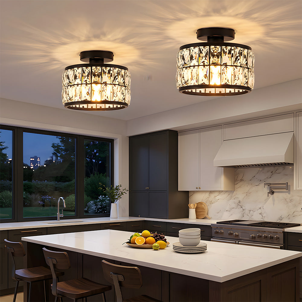 Cylindrical Iron Crystal Semi-Flush Ceiling Light for Entryway Bedroom
