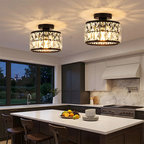 Cylindrical Iron Crystal Semi-Flush Ceiling Light for Entryway Bedroom