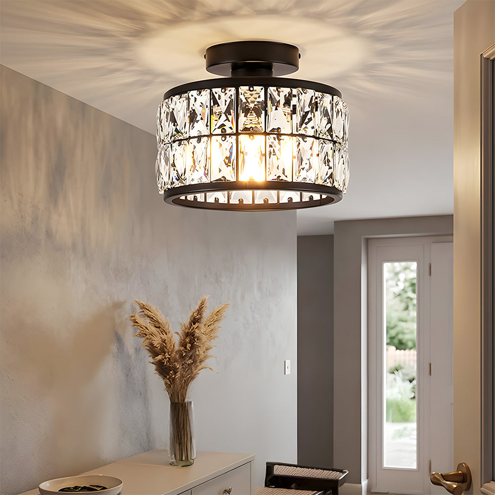 Cylindrical Iron Crystal Semi-Flush Ceiling Light for Entryway Bedroom
