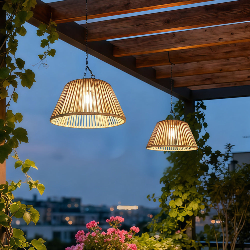 Waterproof Outdoor Solar Woven Rattan Pendant Lights for Porch Garden