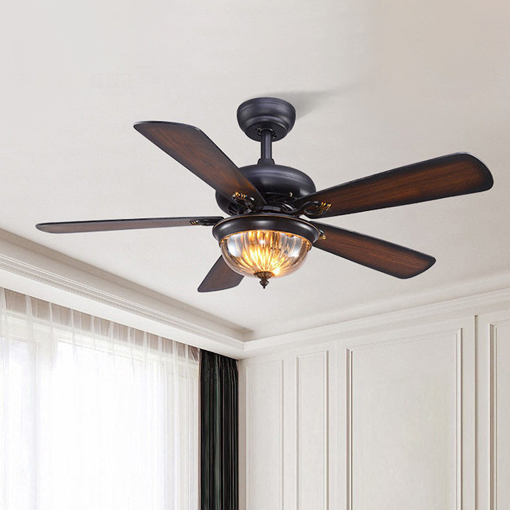 Wood Vintage Design Flush Ceiling Fan With LED Light