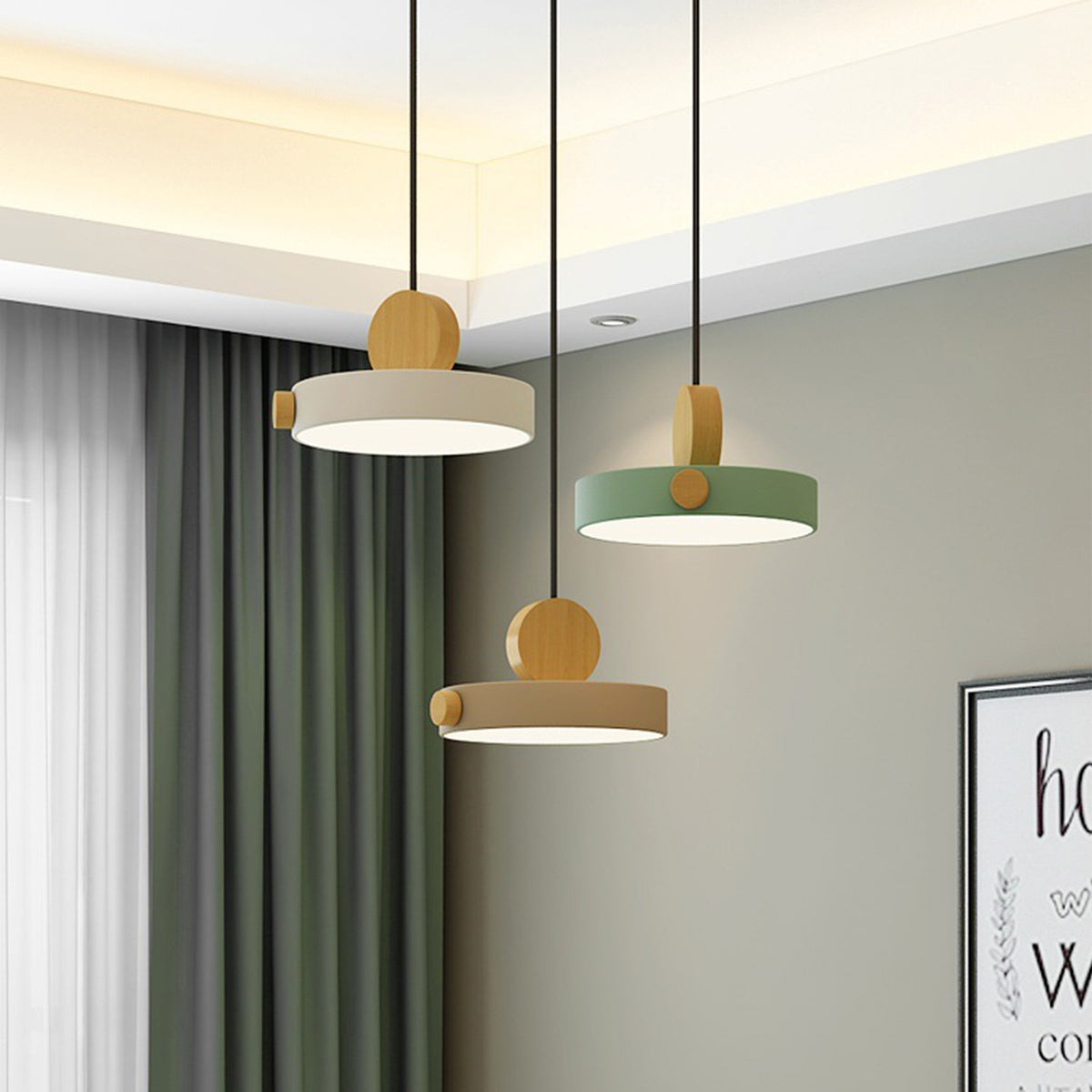 Nordic Circular Disc Iron & Wood Pendant Lights for Dining Area