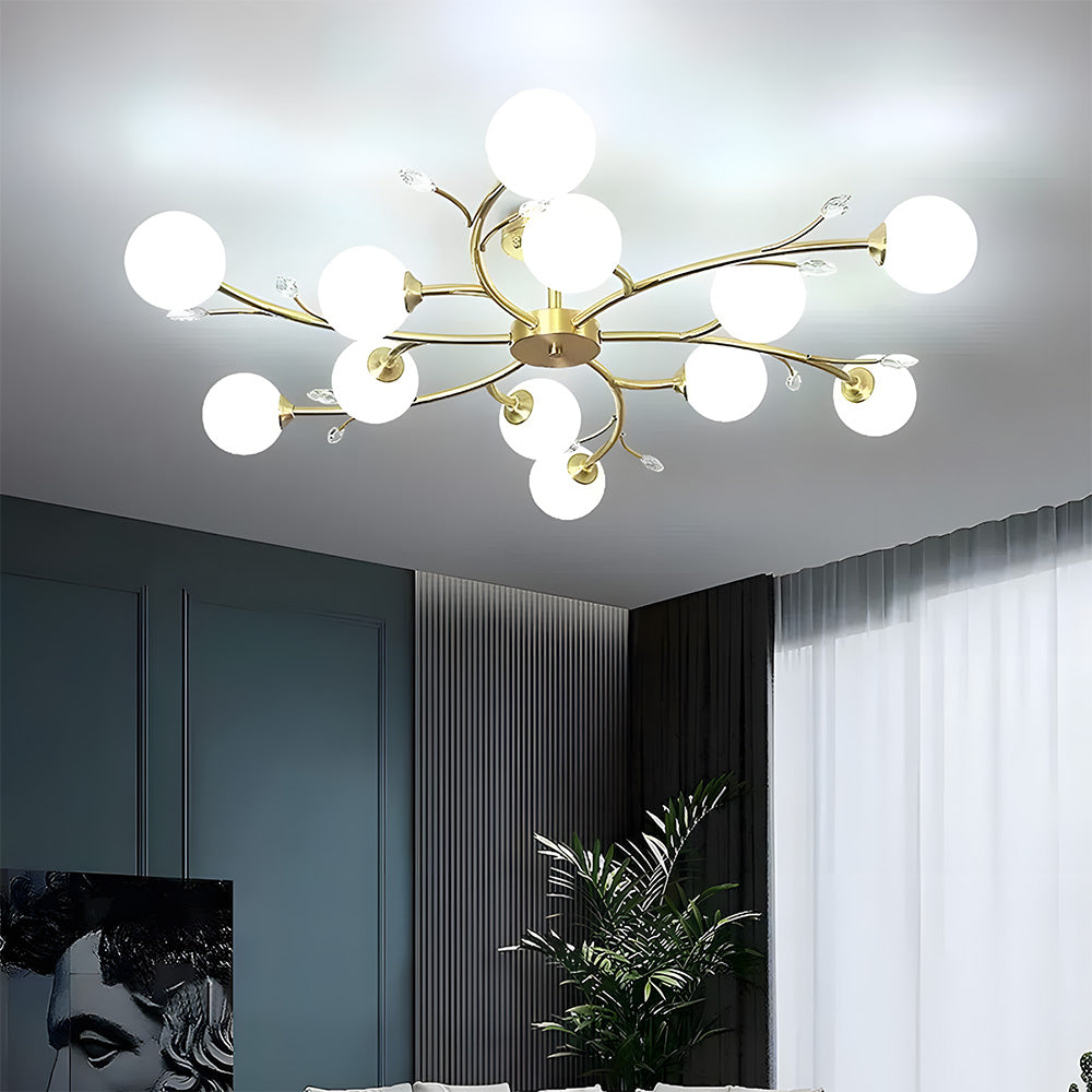 Spherical Semi-Flush Mount with Crystal-6/8/10/12 Lights Gold Ceiling Light