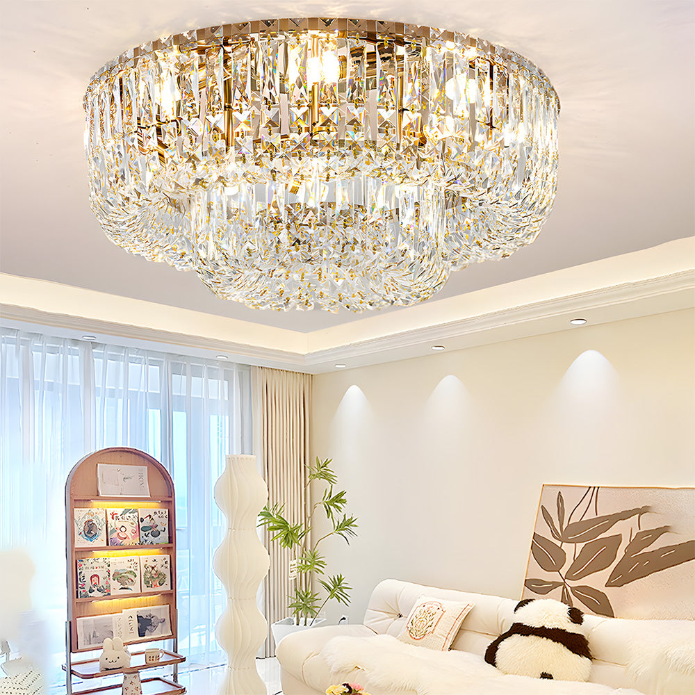 Luxury Multi-Tier Crystal Gold Flush Mount Ceiling Light for Living Room
