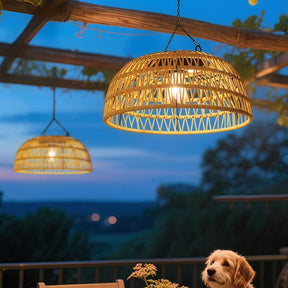 Outdoor Solar Dome Rattan Pendent Lights for Patio Garden Porch