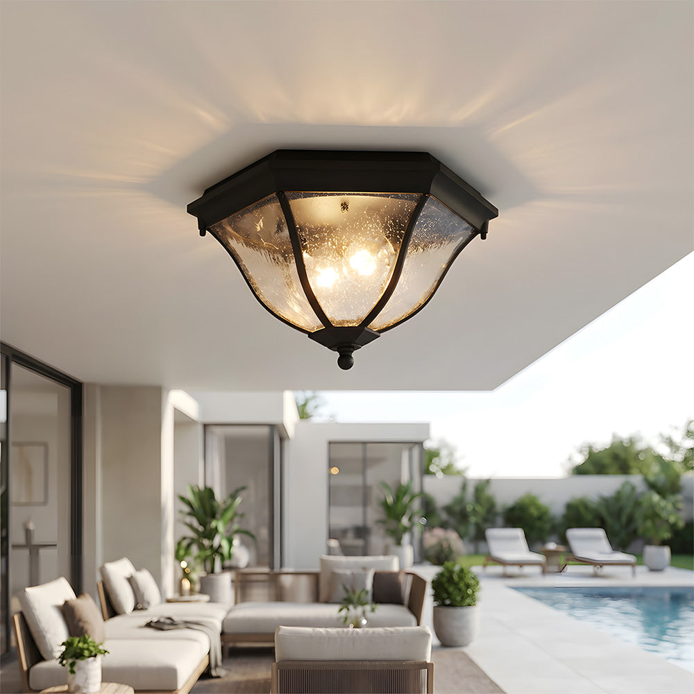 Octagonal Black Aluminum Seeded Glass Flush Mount Ceiling Light for Patio