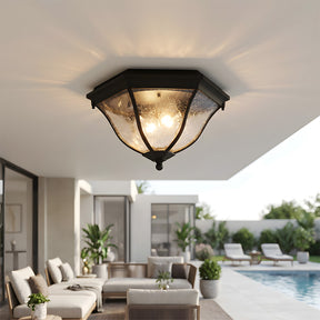 Octagonal Black Aluminum Seeded Glass Flush Mount Ceiling Light for Patio