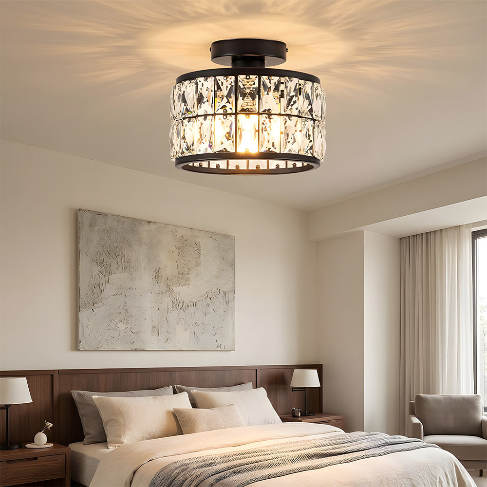 Cylindrical Iron Crystal Semi-Flush Ceiling Light for Entryway Bedroom