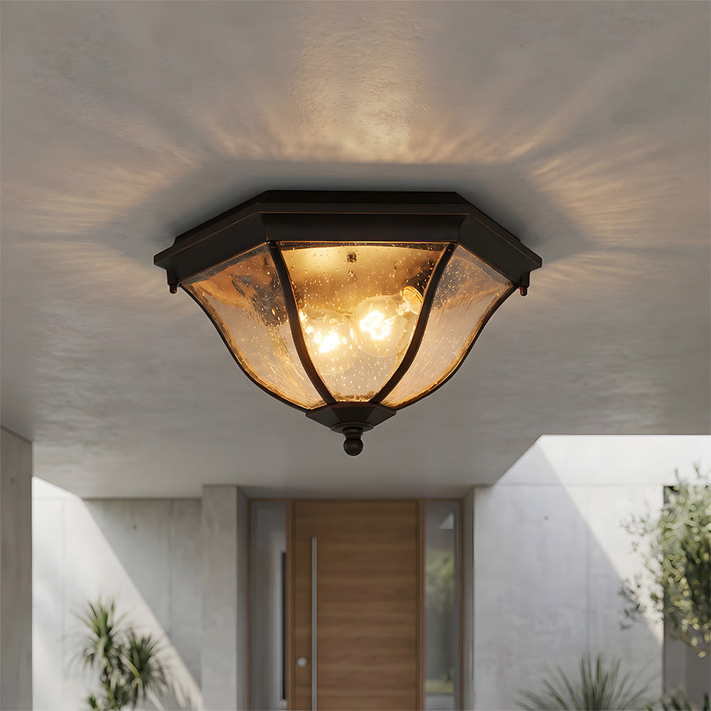 Octagonal Black Aluminum Seeded Glass Flush Mount Ceiling Light for Patio