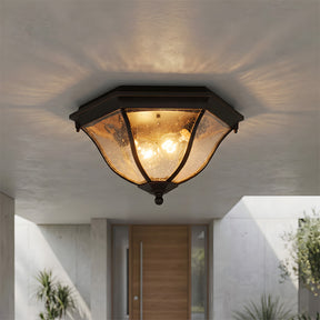 Octagonal Black Aluminum Seeded Glass Flush Mount Ceiling Light for Patio