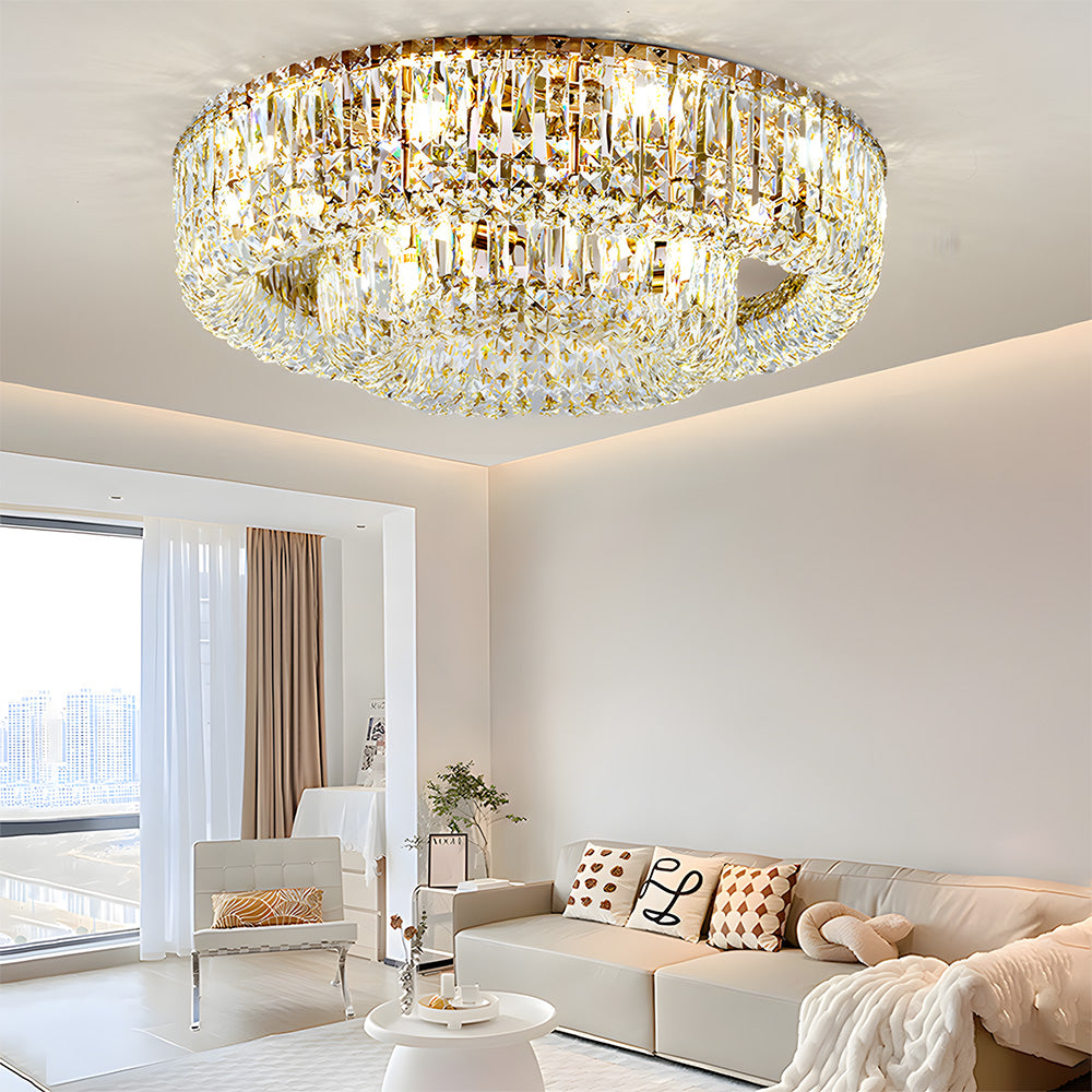 Luxury Multi-Tier Crystal Gold Flush Mount Ceiling Light for Living Room