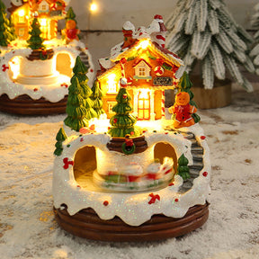 Warm Village House Resin Christmas Lightings With Music Box And Motorized Train