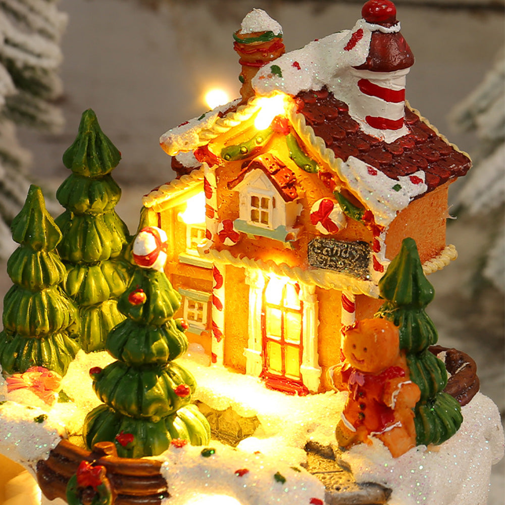 Warm Village House Resin Christmas Lightings With Music Box And Motorized Train