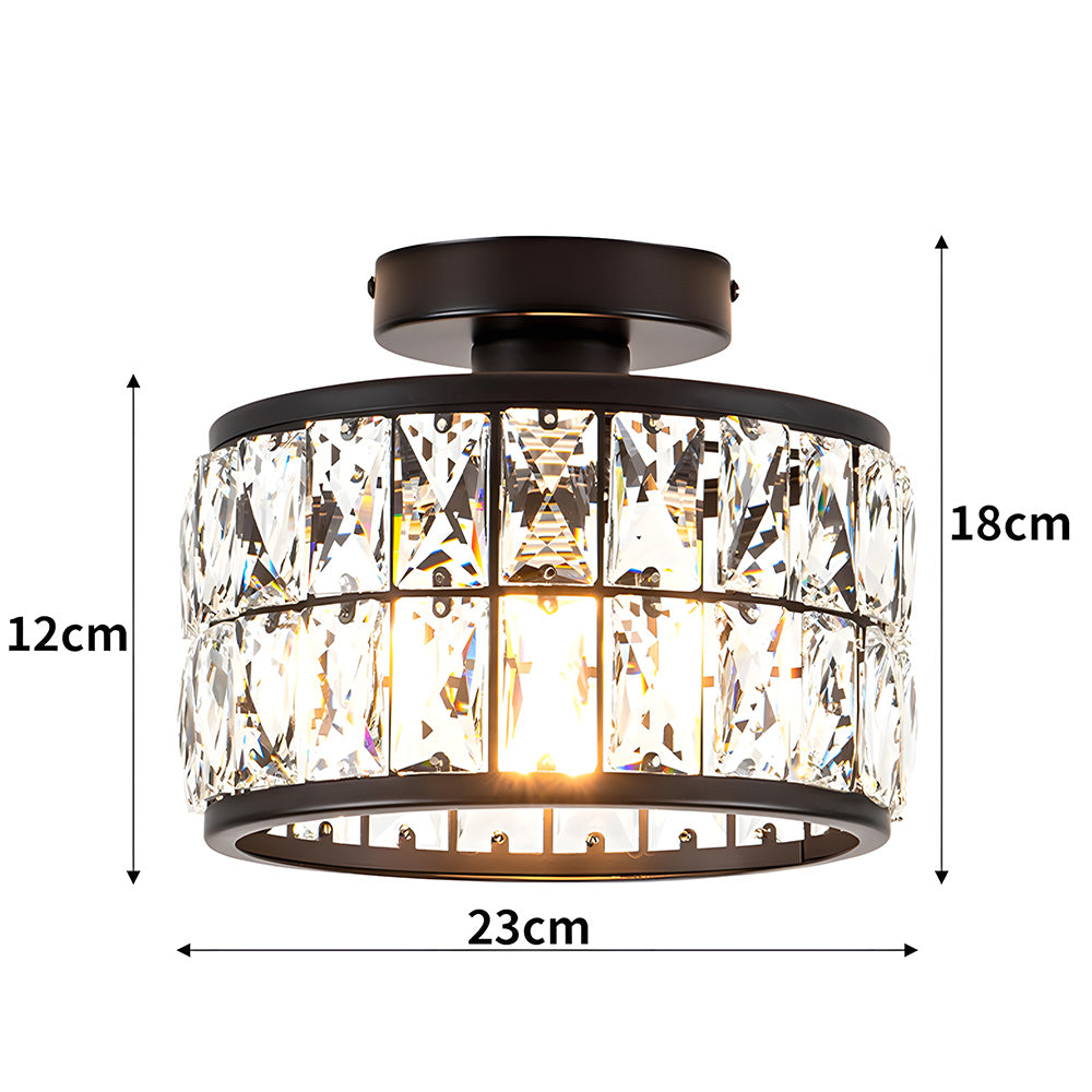 Cylindrical Iron Crystal Semi-Flush Ceiling Light for Entryway Bedroom