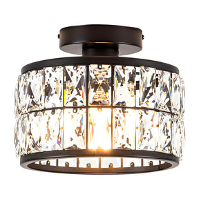 Cylindrical Iron Crystal Semi-Flush Ceiling Light for Entryway Bedroom