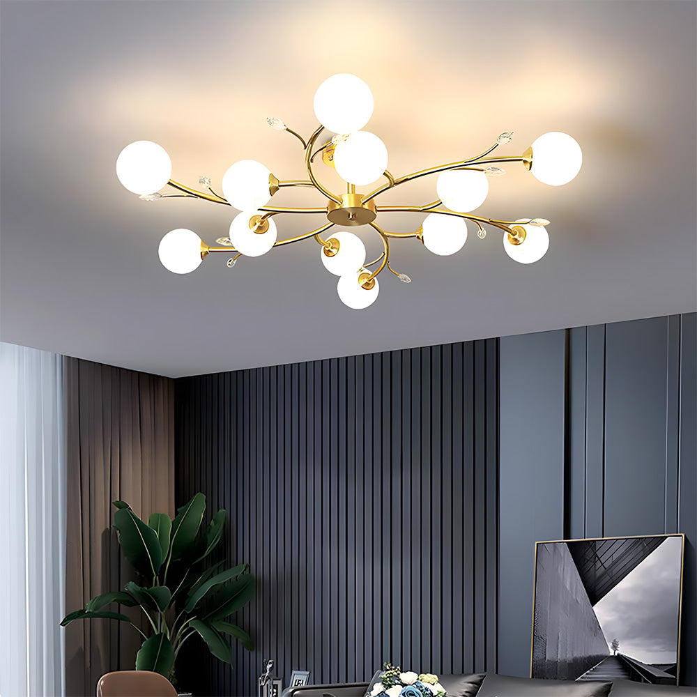 Spherical Semi-Flush Mount with Crystal-6/8/10/12 Lights Gold Ceiling Light
