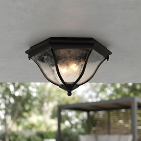 Octagonal Black Aluminum Seeded Glass Flush Mount Ceiling Light for Patio