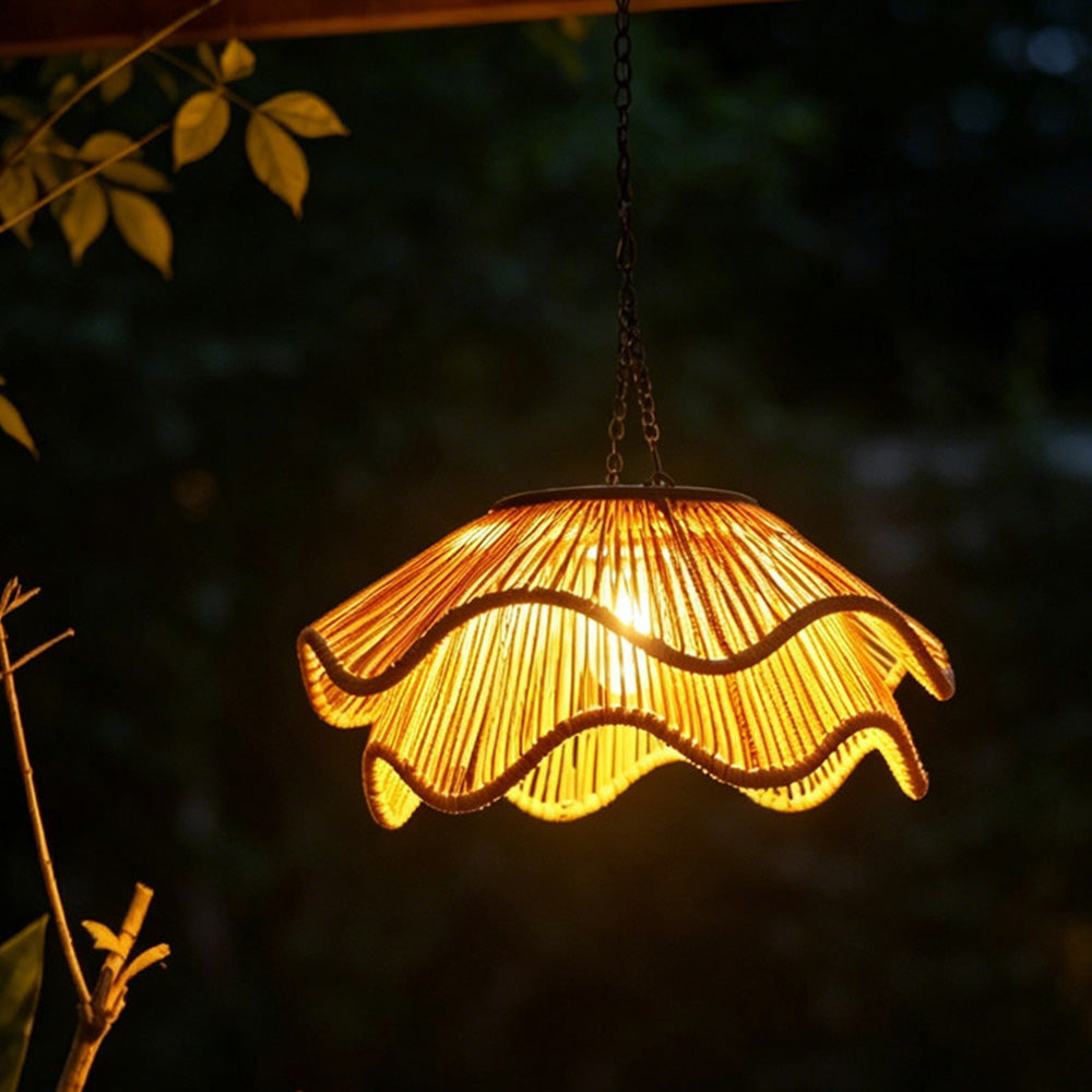 Outdoor Solar Wavy Woven Rattan Pendant Light for Patio Garden Gazebo