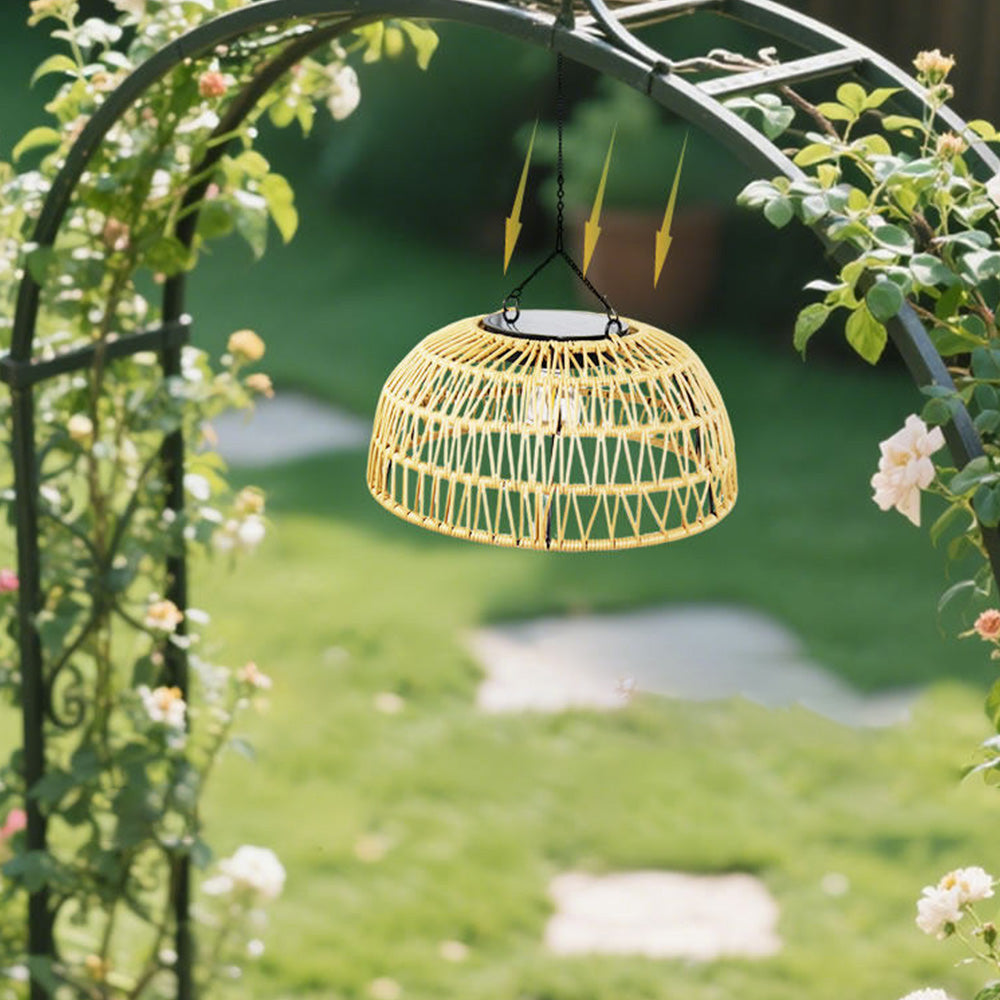 Outdoor Solar Dome Rattan Pendent Lights for Patio Garden Porch