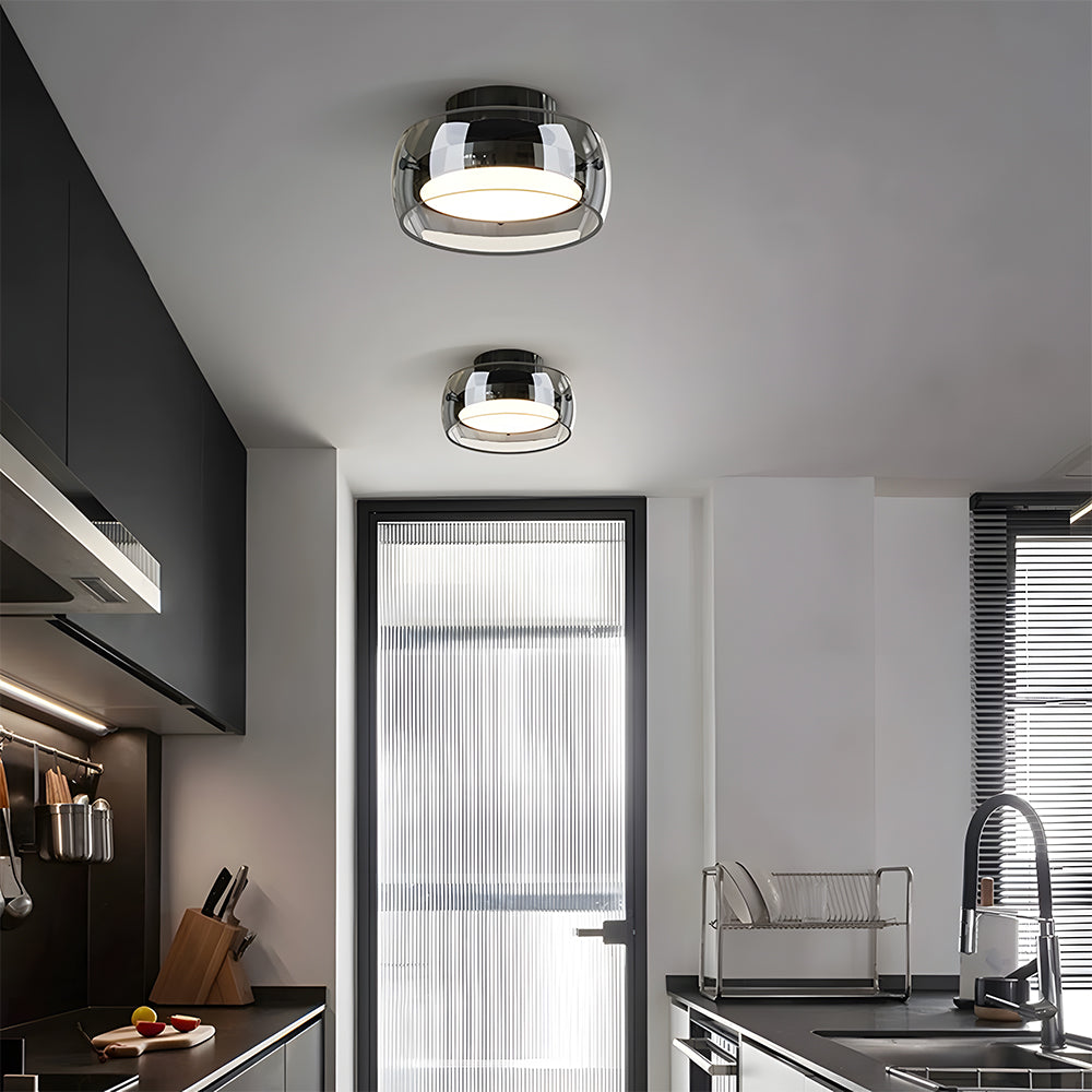 Vintage Retro Glass Flush LED Ceiling Light in Black, D20cm
