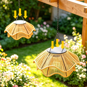 Outdoor Solar Wavy Woven Rattan Pendant Light for Patio Garden Gazebo