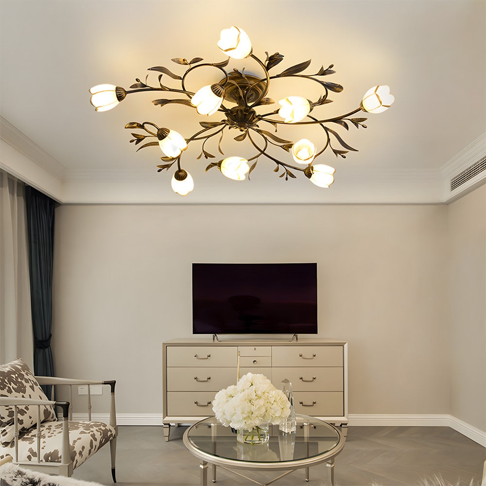 Traditional Floral Semi Flush Mount Glass Ceiling Lights for Bedroom