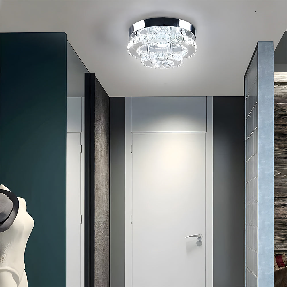 2 Layers Round LED Crystal Silver Ceiling Light for Hallway Kitchen